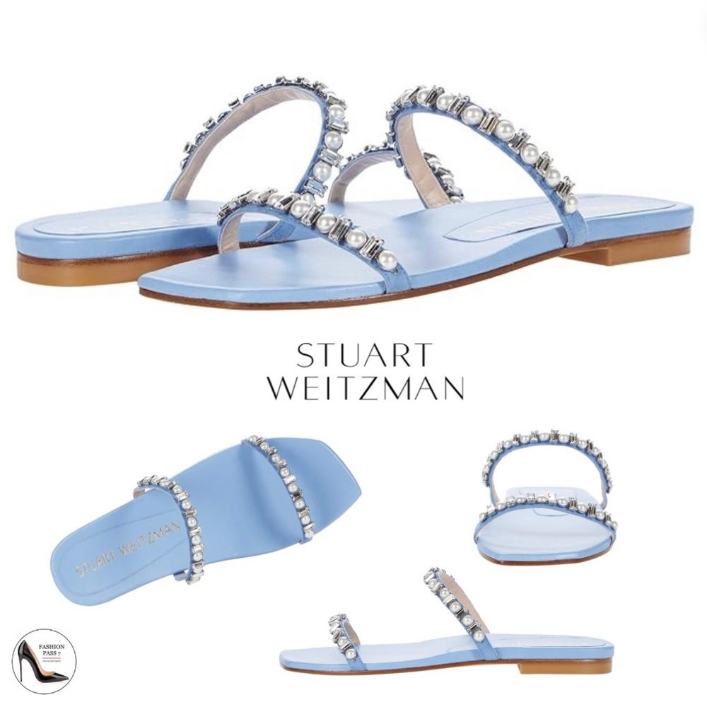 Stuart Weitzman Women's Aleena Shine Blue Leather Crystal Slide Flat Sandals 6.5